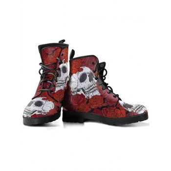 Halloween Skull and Rose Print Lace Up Boots