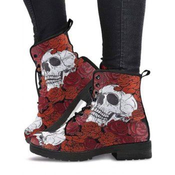 

Halloween Skull and Rose Print Lace Up Boots, Deep red