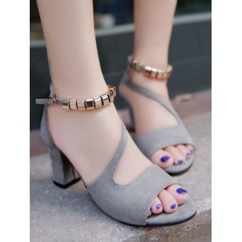 

Peep Toe Buckle Strap Chunky Heel Sandals, Gray