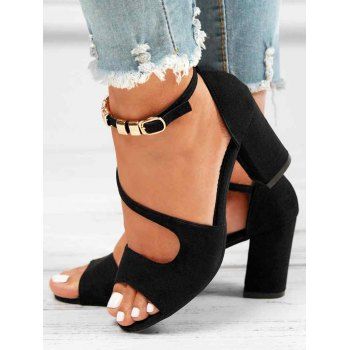 

Peep Toe Buckle Strap Chunky Heel Sandals, Black