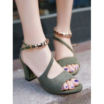 

Peep Toe Buckle Strap Chunky Heel Sandals, Army green