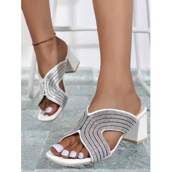 

Rhinestones Decor Chunky Heeled Slip On Sandals, White