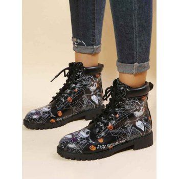 

Halloween Spider Web Pumpkin Ghost Print Lace Up Boots, Black