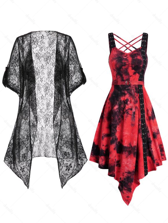 Tie Dye Print Belted Asymmetric Dress and Sheer Floral Lace Kimono Outfit - multicolor S