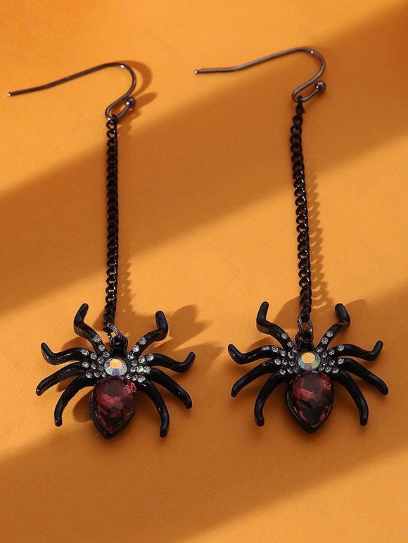Boucles D'Oreilles Pendantes Chaîne Motif Araignée en Strass pour Halloween - Noir 