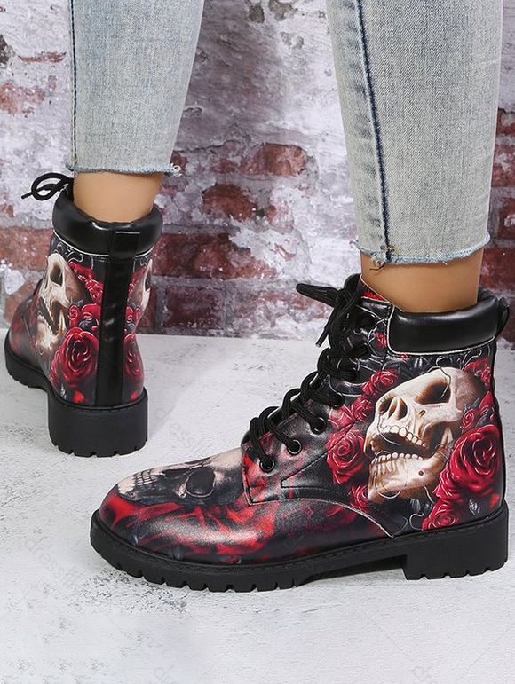 Halloween Skull and Rose Print Lace Up Lug Sole Casual Boots - Rouge foncé EU 38