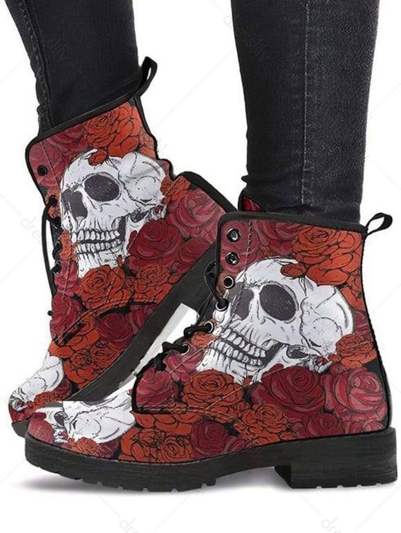 Halloween Skull and Rose Print Lace Up Boots - Rouge foncé EU 38