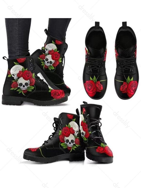 Halloween Skull and Rose Print Lace Up Outdoor Boots - Noir EU 42