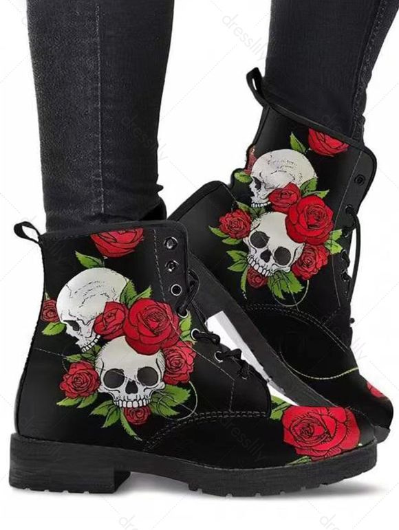 Halloween Skull and Rose Print Lace Up Outdoor Boots - Noir EU 42