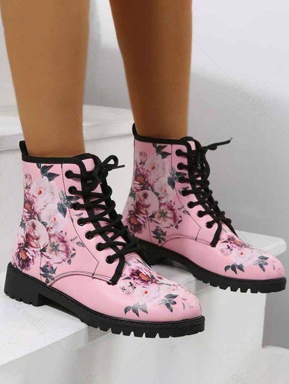 Flower Allover Print Lace Up Lug Sole Casual Boots - Rose EU 43