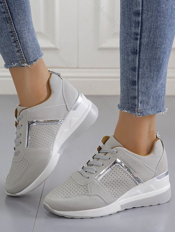 Breathable Holes Lace Up Casual Sneakers - Gris EU 38