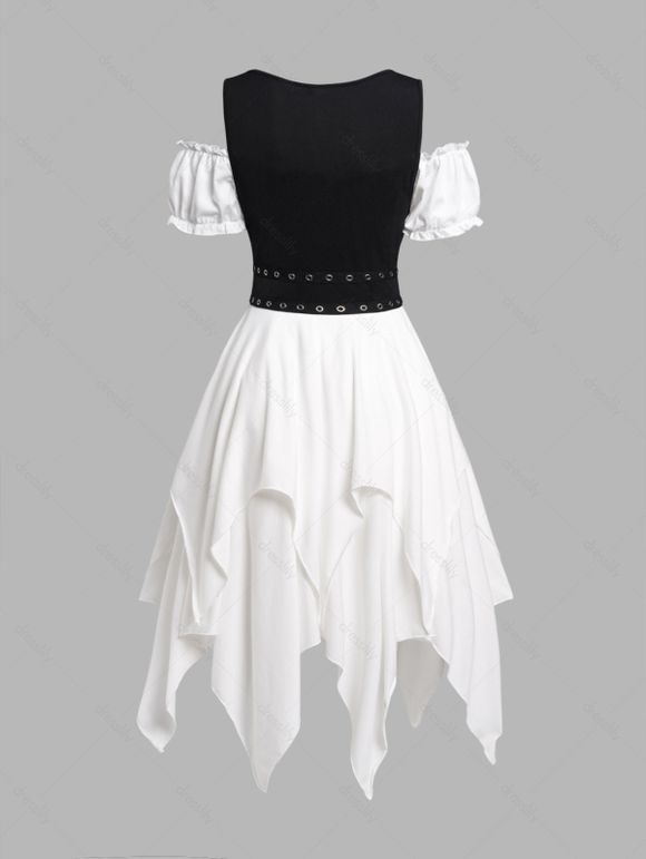 Ensemble Décontracté de Robe Mouchoir Simple Nouée et Débardeur de Corset en Blocs de Couleurs à Œillet - Blanc L