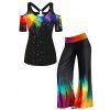 Ensemble de T-shirt Contrastante à Imprimé Peinture D'arc-en-ciel et Pantalon à Jambes Larges - multicolor 