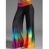 Flower Print Skew Neck Tops and Rainbow Print Wide Leg Pants Outfit - multicolor S