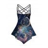 Star Sky Print Casual Tank Top and Sheer Lace Kimono Moon Cat Chain Necklace Outfit - multicolor S