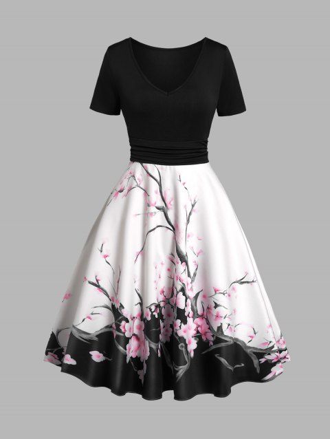 Mini Robe Décontractée à Imprimé Peinture D'Encre à Manches Courtes à Volants
