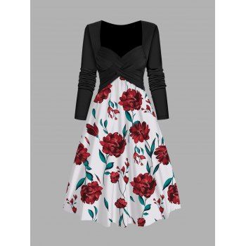 

Flower Print Crossover Dress Sweetheart Collar Long Sleeve Casual Midi Dress, Multicolor a