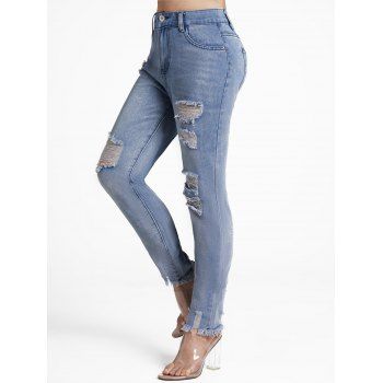 

Ripped Middle Waist Jeans Pockets Light Wash Casual Denim Pants, Blue