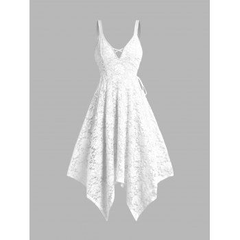 

Lace Overlay Handkerchief Dress Plain Color Lace Up Crisscross Casual Midi Dress, White