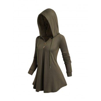 

Plain Color Drawstring Hoodie Mock Button Long Sleeve Casual Hoodie, Deep green