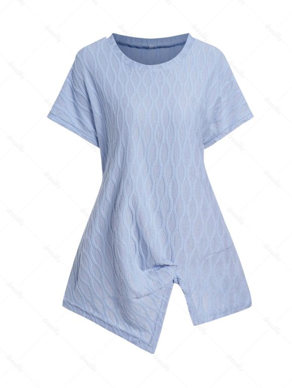 T-shirt Décontracté Texturé Simple en Couleur Unie Ourlet Asymétrique à Manches Courtes - Bleu clair XL