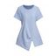 T-shirt Décontracté Texturé Simple en Couleur Unie Ourlet Asymétrique à Manches Courtes - Bleu clair L