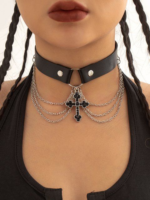 Cross Chain Tassel Rivets Punk Charm Choker Necklace