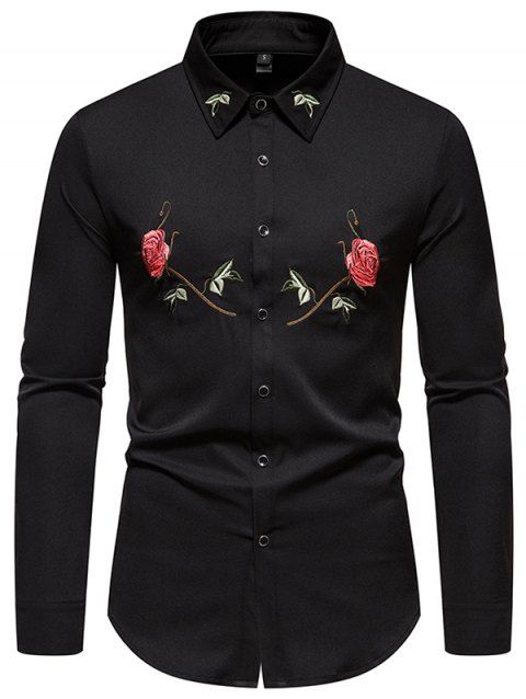 Rose Embroidery Shirt Button Up Long Sleeve Casual Shirt