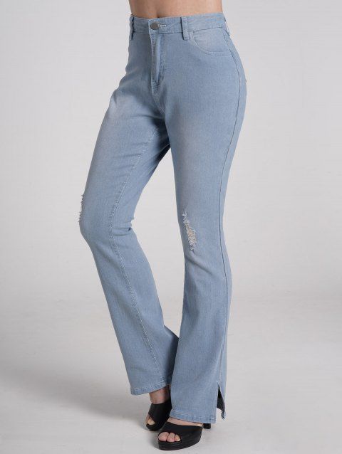 Side Slit Middle Waist Jeans Pockets Zipper Casual Denim Pants