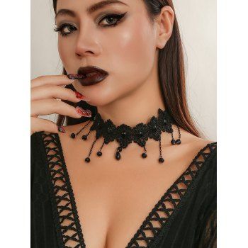 

Gothic Bead Tassel Black Lace Choker Necklace