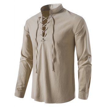

Lace Up Stand Collar Shirt Cotton Plain Color Long Sleeve Casual Shirt, Light coffee