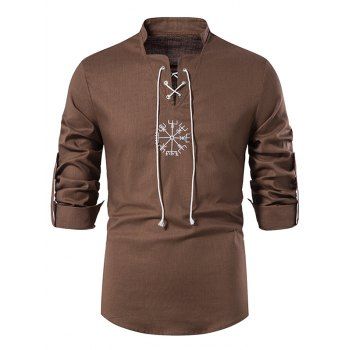 

Tribal Pattern Embroidery Shirt Lace Up Stand Collar Casual Shirt, Deep coffee