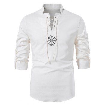 

Tribal Pattern Embroidery Shirt Lace Up Stand Collar Casual Shirt, White