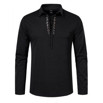 

Lace Up Solid Color Shirt Long Sleeve Turn Down Collar Casual Shirt, Black