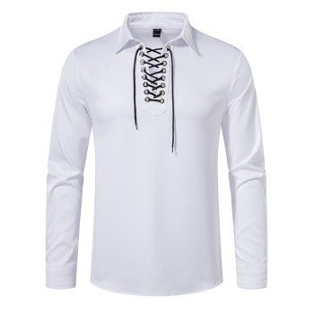 

Lace Up Solid Color Shirt Long Sleeve Turn Down Collar Casual Shirt, White