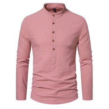 

Pinstripes Print Stand Collar Shirt Half Button Cotton Casual Shirt, Light pink