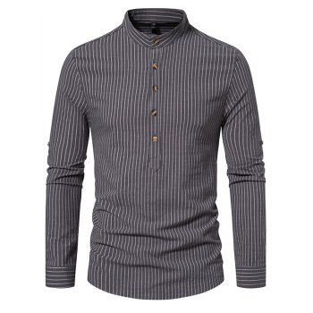 

Pinstripes Print Stand Collar Shirt Half Button Cotton Casual Shirt, Gray