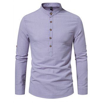 

Pinstripes Print Stand Collar Shirt Half Button Cotton Casual Shirt, Light purple