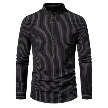 

Pinstripes Print Stand Collar Shirt Cotton Half Button Casual Shirt, Black