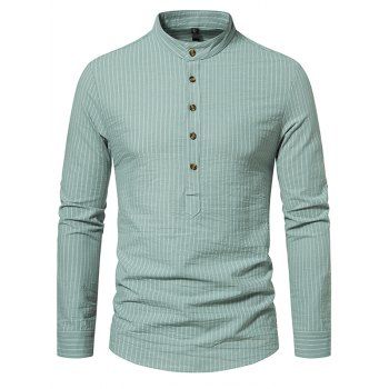 

Pinstripes Print Stand Collar Shirt Cotton Half Button Casual Shirt, Light green