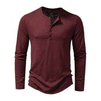 

Half Button Henley Neck T Shirt Plain Color Long Sleeve Casual Tee, Deep red