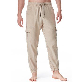 

Flap Pocket Beam Feet Pants Plain Color Drawstring Casual Pants, Light coffee
