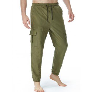

Flap Pocket Beam Feet Pants Plain Color Drawstring Casual Pants, Deep green