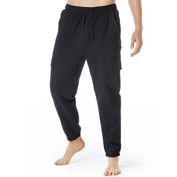 

Flap Pocket Beam Feet Pants Plain Color Drawstring Casual Pants, Black
