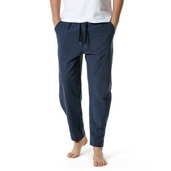 

Pocket Cotton Pants Plain Color Drawstring Casual Pants, Deep blue