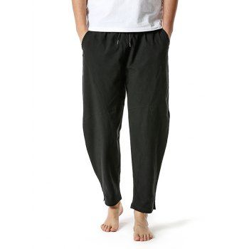

Pocket Cotton Pants Plain Color Drawstring Casual Pants, Black