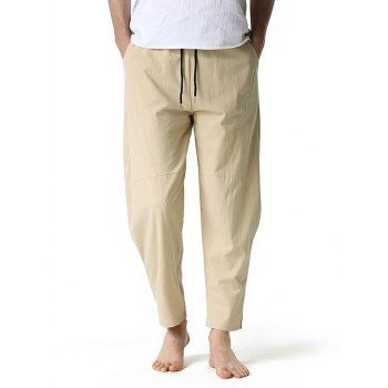 

Pocket Cotton Pants Plain Color Drawstring Casual Pants, Light coffee