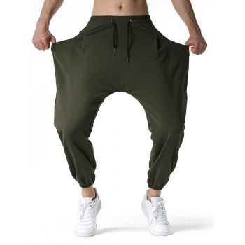 

Drawstring Harem Pants Plain Color Side Pocket Casual Pants, Deep green