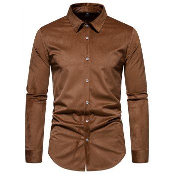 

Plain Color Corduroy Shirt Button Up Long Sleeve Casual Shirt, Deep coffee