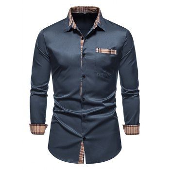 

Contrast Trim Shirt Check Print Insert Turn Down Collar Casual Shirt, Deep blue